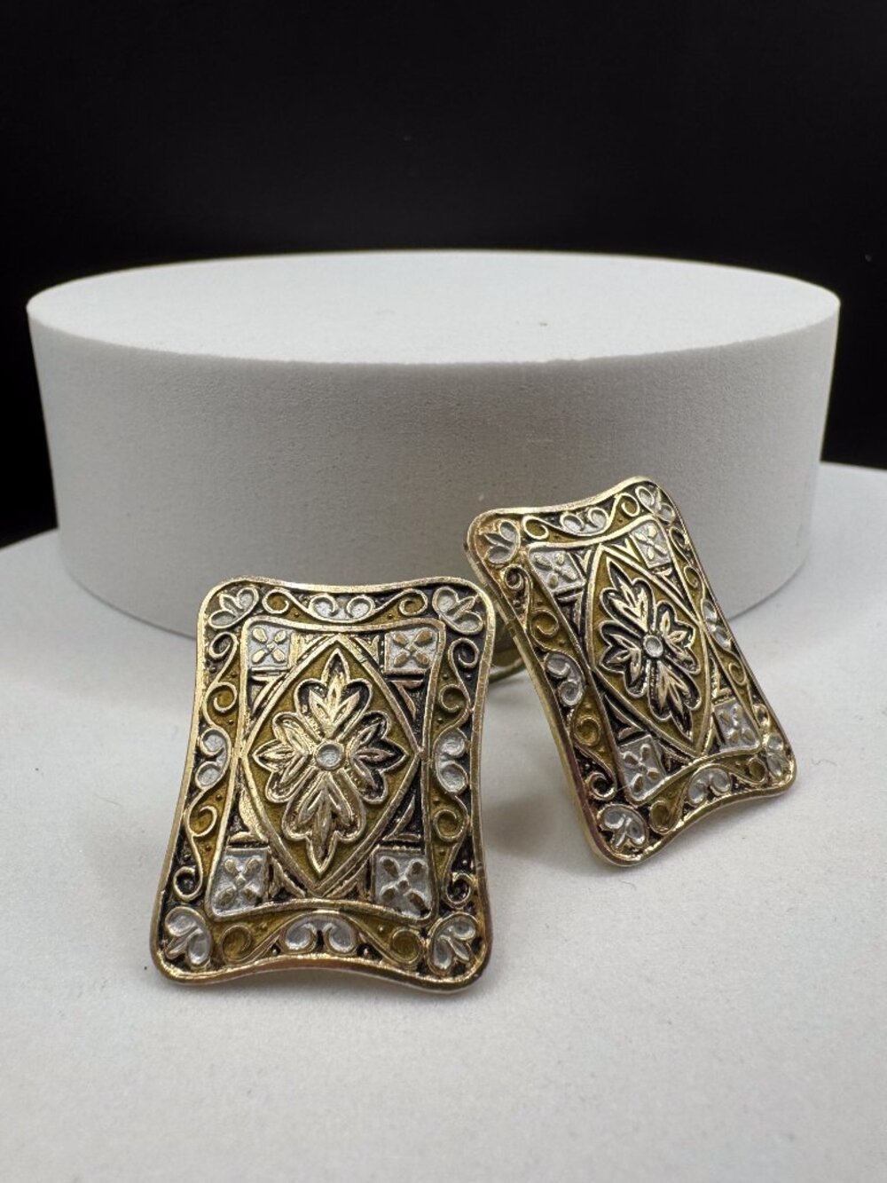 Vintage Germany Gold Tone White Enamel Clip On Earrings Baroque Revival Scroll